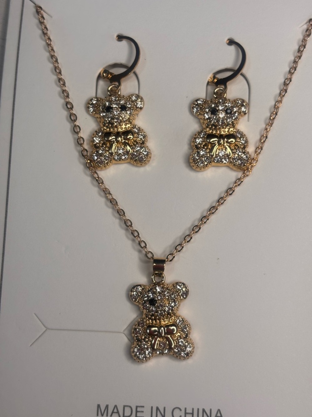 Rhinestone Teddy Bear Jewelry Set | Gold Tone Necklace & Earrings | Cute Gift